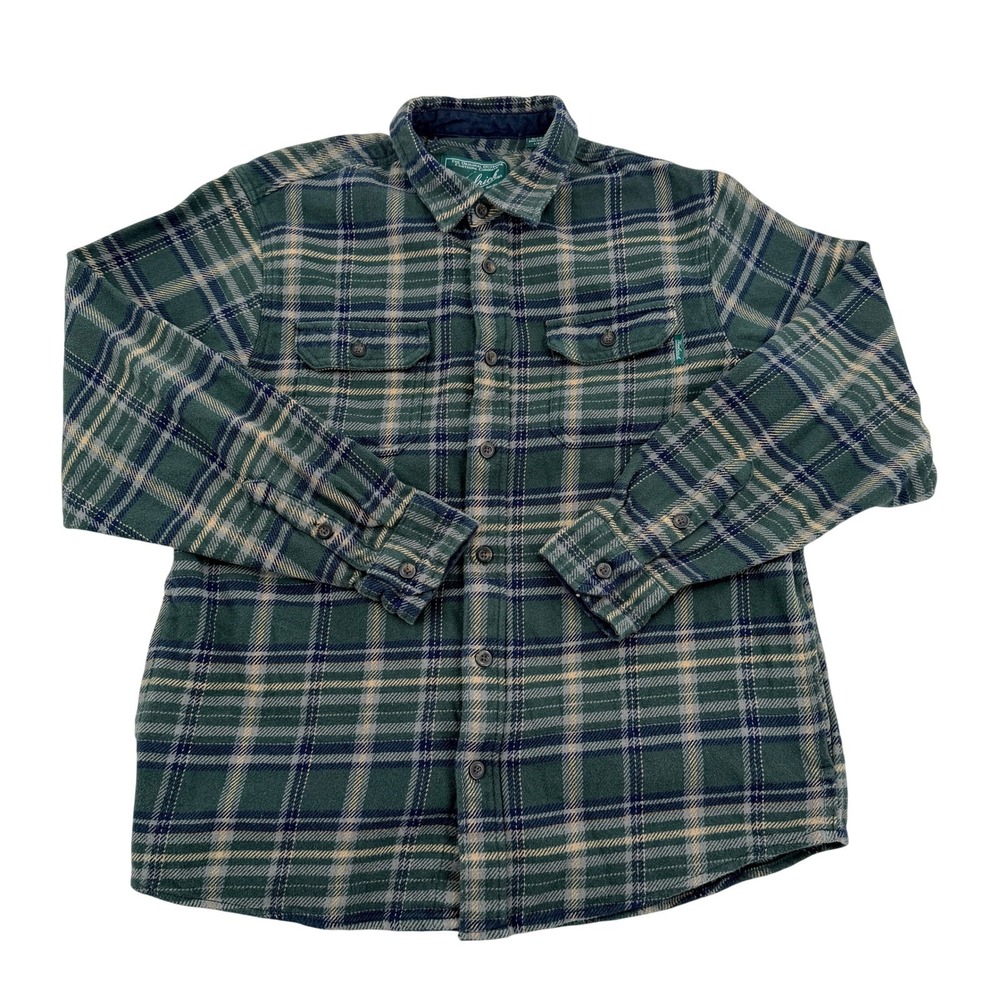 Woolrich Men Large Green Blue Plaid Flannel Shirt Long Sleeve Cotton Outdoors